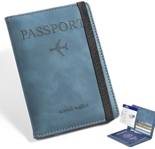XURJUMI Porte Passeport Cuir PU Blocage RFID Housse de Passeport Portefeuille de Voyage Étui avec Fente pour Cartes & Strap élastique Passport Covers