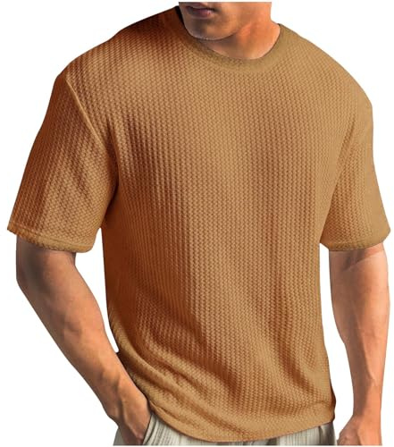 T-shirt tricoté grandes tailles pour homme - Couleur unie - Côtes fines - Décontracté - Col rond - T-shirt d'été côtelé - T-shirt de sport gaufré - Léger - Manches courtes - Confortable - Basique