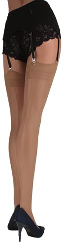 JUST BEAUTY TOUCH Thigh High Sheer Stockings for Garter Belt with Back Seam - Women 20 Denier Lingerie Socks with Patterned Top (Garter Belt Not Included) (M, Tan)