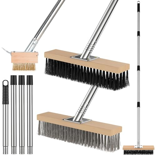 fshihine 3 in 1 Besen mit stiel Set, fugenbürste unkraut & straßenbesen, drahtbesen, unkraut entferner gerät, kehrbesen draußen für Terrasse, Garten, Keller, zur Entfernung von Moos und Schmutz