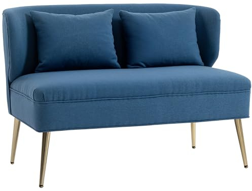 HOMCOM 2 Seater Sofa Linen-Look Fabric Wing Back Loveseat 117 cm Dark Blue | Upholstered, Small Sofa, Thick Seat, Metal Legs, Living Room, Bedroom, Home Office, Studio