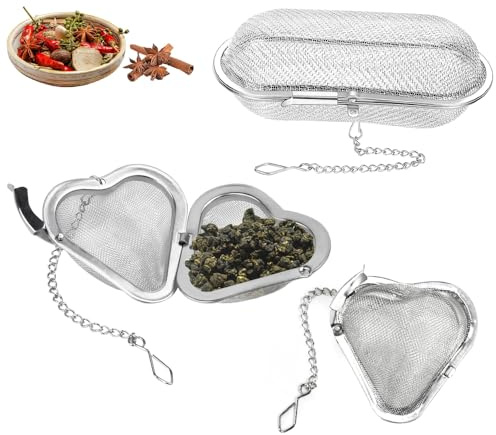 3 Pcs Infusores de Té de Acero Inoxidable 304, 2 Corazones 5.8 cm y 1 Largo 11 cm, Filtro para Té Suelto o Especias, infusion hierbas colador con Cadena de 11 cm para Taza Jarra de 2 Litros Cafetera