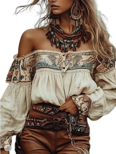 Fronage Boho Tops for Women Embroidered Print Off Shoulder Tops Peasant Puff Long Sleeve Blouses Western Cowgirl Summer Top Apricot