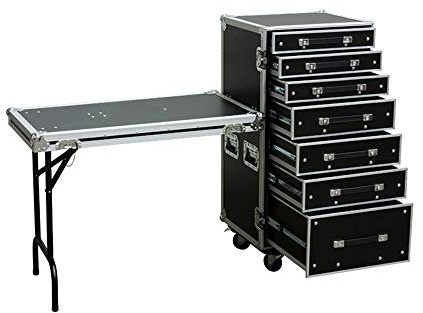 Power Dynamics PD Roadie Engineer Flight Case with Table, 7 Foam-Lined Drawers, Laminated Multiplex, Lockable Wheels - Portable DJ Tech Gig Equipment Storage (520 x 525 x 967mm)