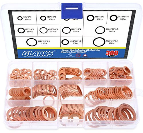 Glarks - Arandelas métricas de cobre para sellado de anillas planas – 8 tamaños de M6 M8 M10 M12 M14 M16 M18 M20