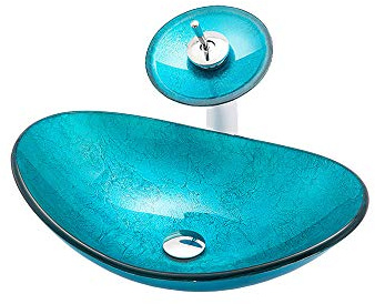 HomeLava Lavabo de Baño de Vidrio Templado Set Pequeño, 42cm Lavabos Sobre Encimera Ovalo Azul con Grifo de Cascada (Ovalo Azul)