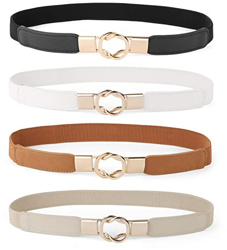 WERFORU 4 Stücke Dünne Gürtel Damen Elastische Taillengürtel Dehnbarer Kleid Gürtel mit Goldene Schnalle Schwarz/Braun/Weiß/Beige
