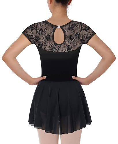 Mulnall Leotardo de ballet para mujer con falda de encaje de manga corta para adultos, Negro, L