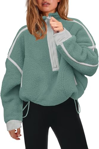 Panadila Sudadera de Forro Polar Sherpa con Media Cremallera para Mujer, Sudadera Suave de Gran tamaño con Bolsillos, suéter cálido y Mullido, Salvia, M