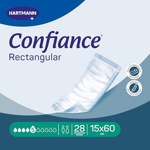 Confiance Rectangular - Couches Droites pour Hommes et Femmes - Niveau d'Absorption = 5 gouttes (Fuites Urinaires Faibles) - Traversables - 15x60 cm - 28 Unités