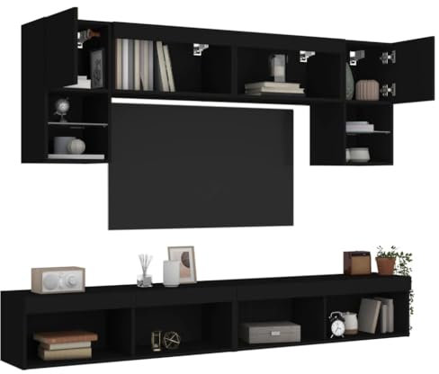 vidaXL Wohnwand 6-TLG., Schrankwand mit viel Stauraum, Anbauwand mit LED-Beleuchtung, Wandmontage Fernsehschrank Wohnzimmer Set, Schwarz Holzwerkstoff