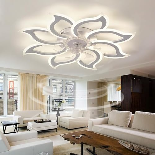 Caufloce LED Ventilatore da Soffitto con Luce Grande Camera da Letto Dimmerabile Plafoniera Ventilatore Reversibile Moderno Telecomando Silenzioso Lampadario Ventilatore Fiore Smart 6 velocità-Blanc