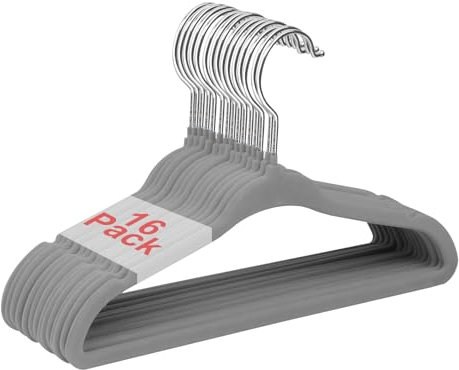 Wellong Kinderkleiderbügel, 28 cm Baby-Samtbügel mit 360°-Drehhaken, rutschfeste Kleiderbügel Samt, platzsparende Kleiderbügel für Säuglinge und Kleinkinde, 16 Stück Grau