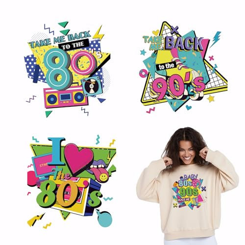 SUPERDANT 4PCS Transferpapier zum Aufbügeln Bring mich zurück in die 80er Jahre Bügelbilder Zum Aufbügeln Aufbügelsticker DIY Bügelaufkleber Bügelpapier Für Kleidung T-Shirt Jeans Rucksäcke DIY
