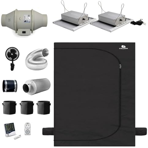 Green Spirit Growzelt Komplettset 60x120x180 cm - 2x150W LED Grow Lampe dimmbar, Deluxe L 150, für 3 Pflanzen, Belüftungssystem, Hygrometer, Stofftöpfe - Grow Komplett Set Zelt Schrank Box Wachstum