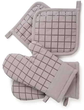 Qualissculina Oven Mitts and Pot Holders Set for Kitchen | 4 Pc Set| Heat Resistant Up to 500°F | Non-Slip Silicone Strips | Grey Kitchen Accessories | Includes 2 Hot Pads & 2 Cooking Mitts