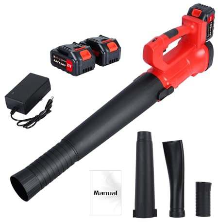 Soplador de hojas inalámbrico para limpiar el césped y secar el coche, ventilador eléctrico de mano ergonómico con motor 20000r / min, pilas 2x4.0h, 3 opciones boquilla, bajo ruido rojo