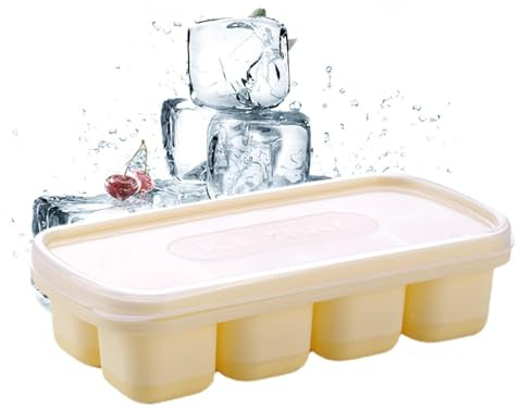 Cubitos de hielo de silicona – Molde flexible con 8 compartimentos con tapa | Recipiente apilable para congelar salsa, mantequilla, sopa, caldo, fácil demolición para alimentos caseros