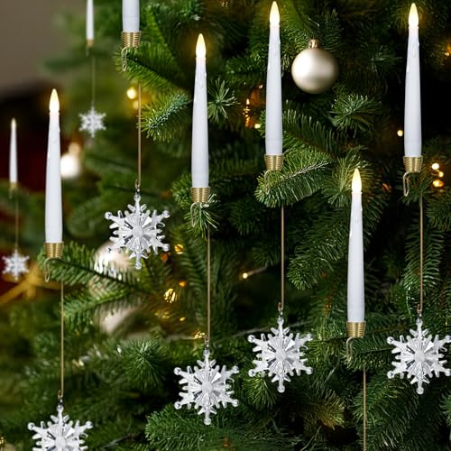 FPOO Christmas Tree Candles, 12 Pack Flameless Taper Candle for Christmas Tree Decor – Battery Operated Candlestick w/Crystal Ball Hook for Holiday Home Decor Party