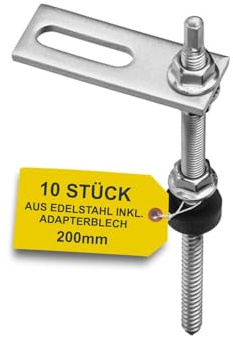 10 Stockschrauben mit Adapterplatten m10 x 200mm aus Edelstahl - Für PV Anlage - Zur Befestigung von Solarpanelen