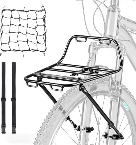 WJMY Porte-bagages avant réglable pour vélo de montagne de 22 à 29 pouces, en alliage d'aluminium, capacité de 10 kg, 2 méthodes d'installation pour VTT, vélo de route avec filet et corde