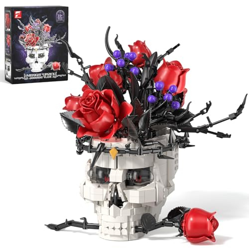 Rosen Klemmbausteine Blumen mit Totenkopf-Vase für Erwachsene, Gothic Deko