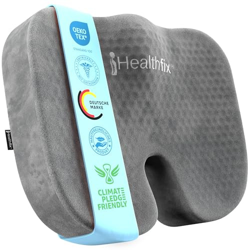 Healthfix Ortopedisk sittdyna kontorsstol, svanben avlastning med honeycomb-lager och velouröverdrag, ergonomisk sittdyna för kontor, bil, hem, 45 x 36 x 7 cm (grå)