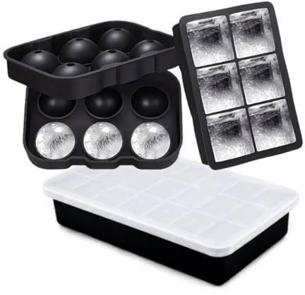 Set 3 Stampi in Silicone per Ghiaccio, Cubetti Ghiaccio Silicone, 1 Stampo a 6 Sfere + 1 a 6 Cubi + 1 a 15 Cubi, con Coperchio e Imbuto, per Cocktail, Whisky, Alimenti per Bambini, Frutta, Gelati