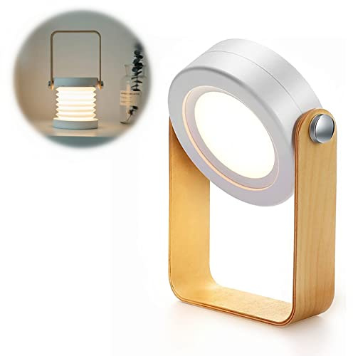 ALLOMN Folding Table Lamp, Multifunctional Folding Reading Light Portable Telescopic Night Light LED Lantern Lamp with 3-Levels Dimmable Brightness, USB Charging and Wooden Handle