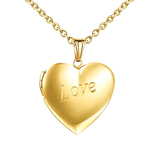 MicVivien Halsband med hänge i form av gyllene hjärta, rostfritt stål, medaljong för personliga bilder, minnen, foton, hänge med ordet Love/dubbelt hjärta/vanligt mönster, Rostfritt stål