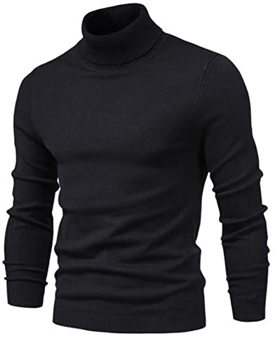 NIAN Maglione invernale da uomo con collo alto e spesso - Collo alto - Colore solido - Caldo e fine - Maglione con collo alto da uomo, Nero , EUR M 55-65 kg