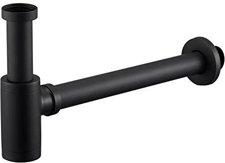 Design Siphon Universal für Waschbecken & Waschtisch Matt Schwarz, Abflussgarnitur Ablaufgarnitur passgenau, Rund Geruchsverschluss mit Reinigungsöffnung, Designsiphon Röhrensiphon