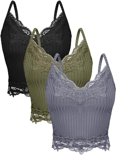 3 Pièces Camisoles Hauts Courts en Dentelle Débardeur à Bretelles Spaghetti pour Femme Fille (as4, Alpha, x_l, Regular, Regular, Vert Armée, Gris, Noir)