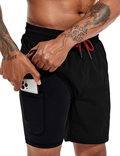 Atforna badbyxor herr långa 2 i 1 badshorts med kompression snabbtorkande ventilerande badshorts med dragkedja justerbar dragsko
