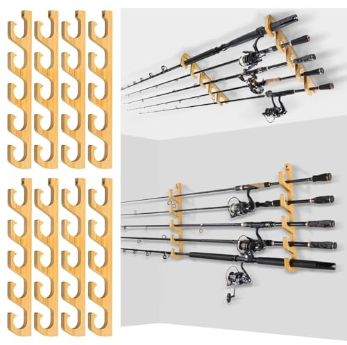 PLUSINNO H5W Horizontal Fishing Rod/Pole Holders for Garage, Wall or Ceiling Mounted Rack, Solid Wood Fishing Rod Holder Holds up to 5/10/20 Rods or Combos Fishing Gear, Gifts for Men