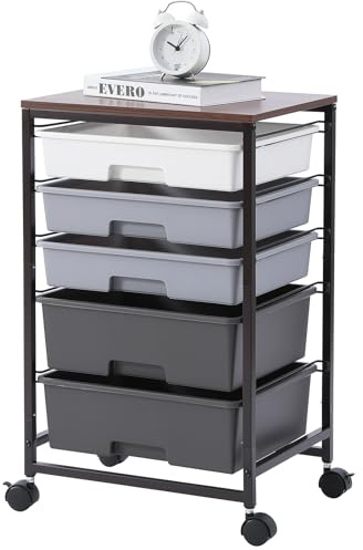 SYKIARIOL 5-Drawer Storage Trolley Rolling Cart, Gray | Mobile Rolling Cart, Plastic Drawers, Multipurpose, for School/Bedroom/Craft Room/Living Room