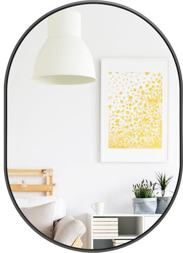Hibtn Oval Mirror 50 x 70cm, Wall Mounted Mirrors Horizontal or Vertical Hanging Wall for Makeup Bathroom, Bedroom, Living Room, Black