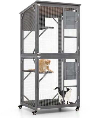 COSTWAY Large Cat House, Wooden Cat Enclosure on Wheels with Resting Box, Jumping Platforms, Escape Doors & Weatherproof Asphalt Roof, Kitten Catio for Outdoor Indoor
