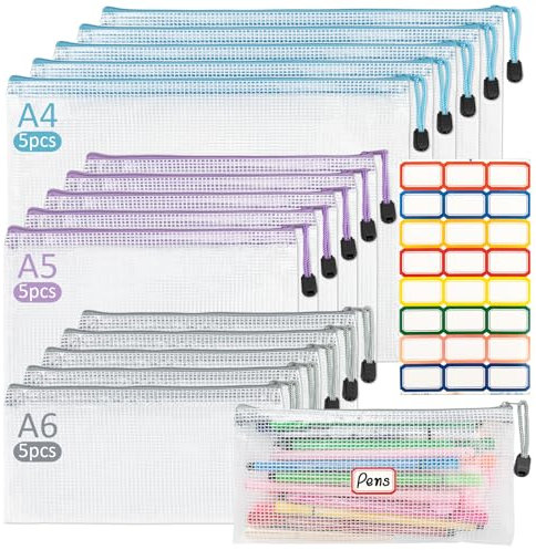 Onlyesh 15 Stück Dokumententasche A4+A5+A6 mit Etiketten Selbstklebend, Dokumententasche A4 mit Reißverschluss, für Dokumente, Papier, Schule
