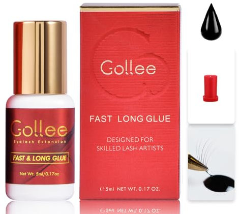 GOLLEE Colla per extension ciglia, colla permanente, 6-8 settimane, durata di conservazione (0,17 fl.oz / 5 ml)/1-2 secondi, tempo di asciugatura/solo per il salone