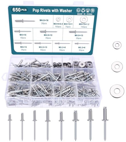 HSEAMALL 650 remaches ciegos con arandelas, 8 tamaños M3 M5, remaches de acero inoxidable para bricolaje, automoción, instrumentos, muebles