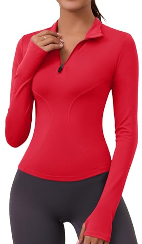 Rapbin Gym Tops Women Long Sleeve Workout Top 1/4 Zip Sport Shirt Yoga Top Running Tee Shirts Half Zip Sweatshirt with Thumb Holes Red M