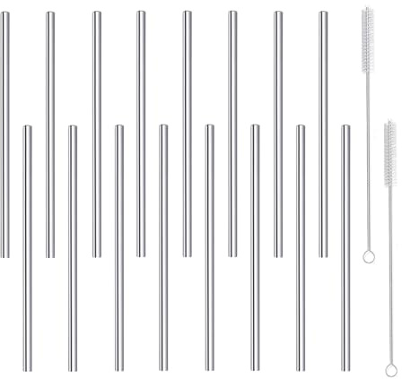 morneve Stainless Steel Straws Short Small Mini Reusable Metal Bar Drinking Straw Set with Cleaner Brush for Cocktails Rock Gin Glass Coffee Mason Jar Tumblers Kids Fruit Juice Box, Silver 16PCS