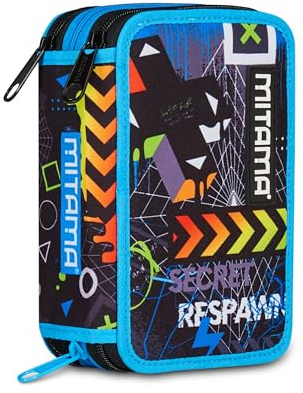 Mitama Federmäppchen mit 3 Fächern und 47 Teilen, gefülltes Schüleretui, Federtasche für Schreibwaren, mit Stiften, Kugelschreiber; Mädchen, Jungen, Grundschule, blau