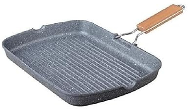 COSE DA CASA Griglia Bistecchiera Rettangolare in Pietra Vulcanica 34x24 cm– Manico Legno Pieghevole– Antiaderente – Per Induzione, Gas, Elettrico