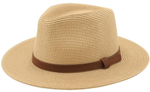 Sombrero Panamá de Verano, Sombrero de Paja Panamá para Mujer y Hombre Unisex, Sombrero de ala Ancha UPF 50 Plegable y Trenzado Intensivo (FR/ES, Letras, Talla única, Marrón, Banda Marrón Cuero)