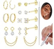 Adramata Helix Piercings Chirurgenstahl Ohrringe Piercing Set Fadenlos Flat Back Ohrstecker 14K Gold Vergoldete Hypoallergen Conch Tragus Daith Helix Piercings Ohr lippenpiercing Nasenpiercing Stecker