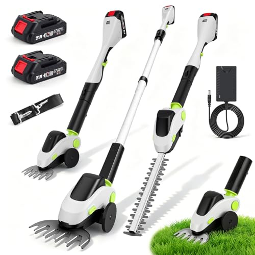 VeftBltrem 2-in-1 Tagliasiepi Telescopico a Batteria 21 V, Tagliabordi Elettrico con Testa Pivotante 110°, Altezza 140-173 cm, 2 Batterie 1500mAh, 1500 U/min, per Siepi, Arbusti, Giardino