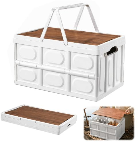 Zinueen Scatola pieghevole stabile da campeggio da 30 l, con coperchio, 43 x 30 x 24 cm, organizer per bagagliaio e cestino da picnic, robusta scatola in polipropilene con coperchio in legno (bianco)