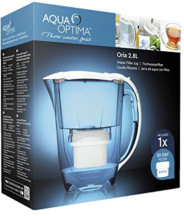 Aqua Optima Oria Water Filter Jug, With 1 x 30 day Filter Cartridge, 2.8 Litre Capacity Slim Fridge Fit Jug, Featuring Aqua Optima’s Fast Flow 5-step Filtration Technology